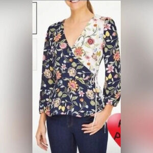 Loft women’s wrap multi color floral blouse boho long sleeve size Small